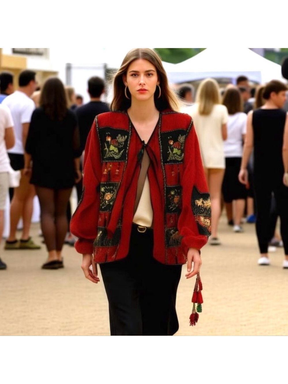 80s JA RESORT SILK RED & BLACK EMBROIDERED BOHO JACKET W TASSELS & BEADS SZ 1X